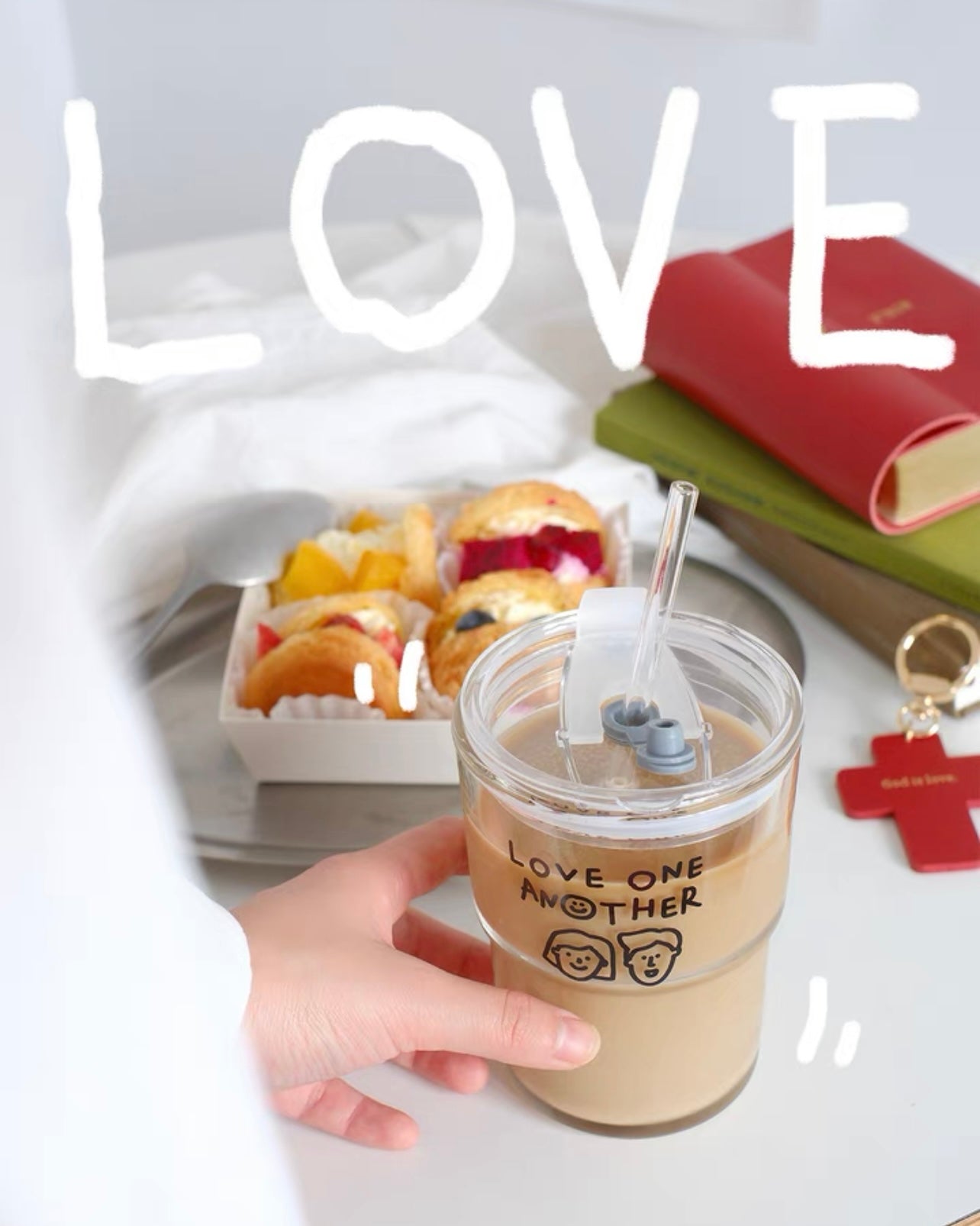 Love One Another | Glass Mug with Straw